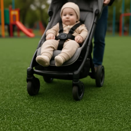 baby being pushed in a stroller on artificial turf playground surface with focus zoomed in on the artificial turf surface-1
