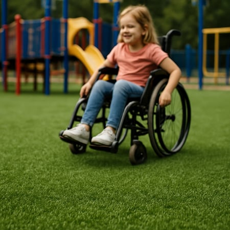 child in wheelchair on artificial turf playground surfacing with focus on the turf surfacing-1