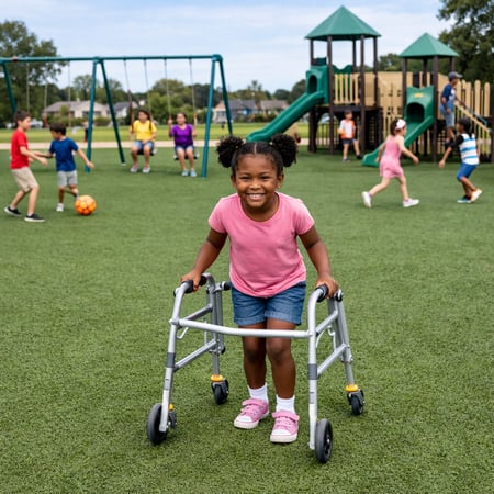Girl on Synthetic Turf Playground with Children in Background
